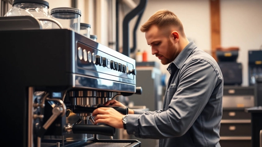 Technician providing Cimbali teknik servis for espresso machines, repairing defects with precision.