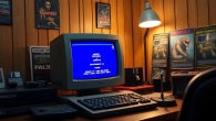 Play DOS games on a vintage computer setup surrounded by retro gaming memorabilia.