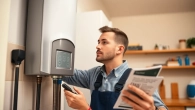 Water heater installation Raleigh by a professional plumber in a bright kitchen setting.