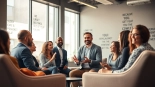 Engaged business coach los Angeles guiding a diverse group of entrepreneurs in a modern office.