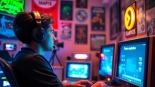 Play DOS games with a gamer at a vintage computer setup adorned with retro memorabilia.