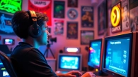Play DOS games with a gamer at a vintage computer setup adorned with retro memorabilia.