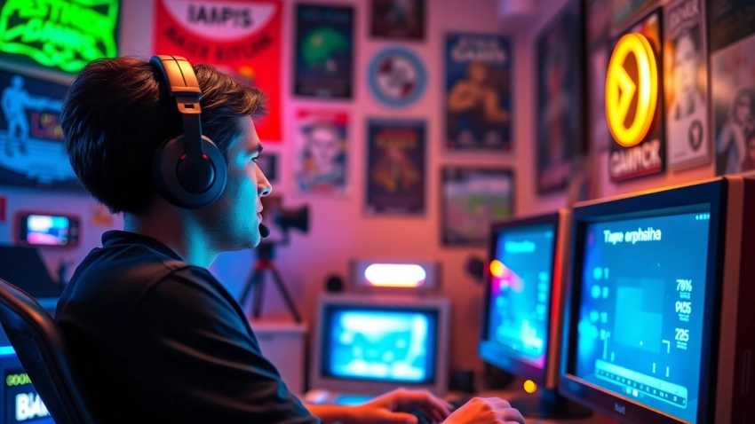 Play DOS games with a gamer at a vintage computer setup adorned with retro memorabilia.