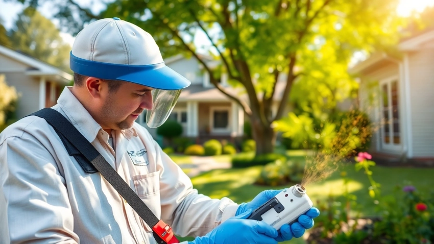 Implementing termite treatments by a professional in a bright residential environment.