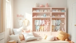 Shop stylish newborn baby clothes displayed in a vibrant nursery setting.
