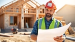 Builder consulting blueprints for the texas association of builders at a construction site.
