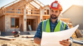 Builder consulting blueprints for the texas association of builders at a construction site.