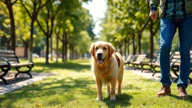 Service dogs helping their handlers navigate through a park, showcasing their critical support.