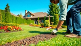 Landscaping contractor Coquitlam preparing vibrant flowerbeds in a lush residential garden.