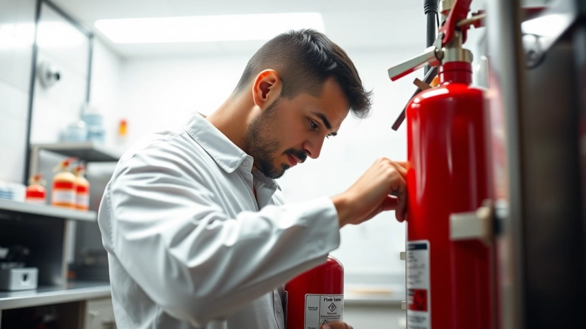Technician performing fire extinguisher service in a commercial kitchen, ensuring safety compliance.