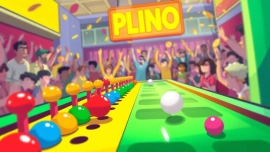 Tindakan melempar bola ke situs plinko dengan sorotan dan warna cerah di papan permainan