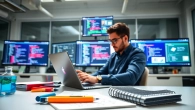 Engaging web development scene with a designer coding on multiple screens in a modern office.