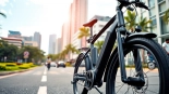 Ride an ebike Singapore with a stunning view of the urban landscape, highlighting its sleek design.