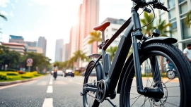 Ride an ebike Singapore with a stunning view of the urban landscape, highlighting its sleek design.