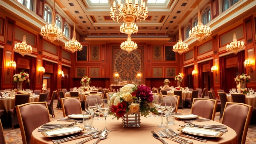 Experience a lavish setting at le prestige hall with elegant table decor and luxurious ambiance.