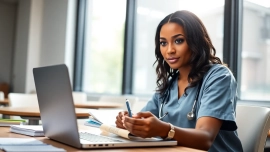 Engaged nurse studying nursing ceus in a bright classroom setting.