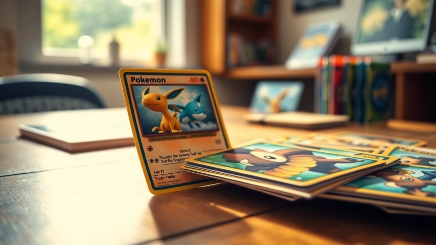 Showcase real pokemon cards in vibrant colors on a wooden table, inviting collectors.