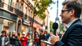 Couverture de l'actualité avec french news in english à Paris, journaliste interviewant des passants.