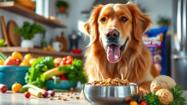 Healthy dog enjoying badlands ranch dog food canada with fresh ingredients in a bright kitchen