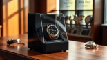 Showcasing a luxurious watch winder for Rolex on a refined wooden surface, surrounded by high-end watches.