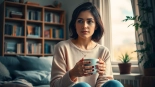 A woman reflects on her emotions during a relationship breakup in a cozy room.