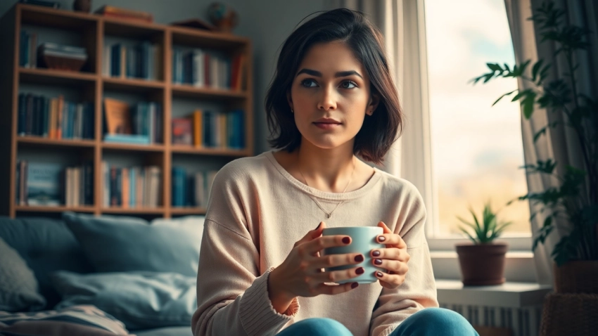 A woman reflects on her emotions during a relationship breakup in a cozy room.