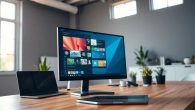 Engaging virtual desktop workspace displaying dynamic applications on a vibrant monitor.