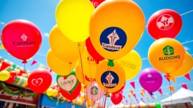 Print balloons with your logo displayed in a lively outdoor celebration setting.