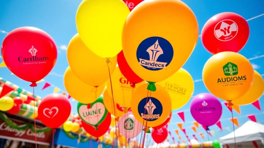 Print balloons with your logo displayed in a lively outdoor celebration setting.