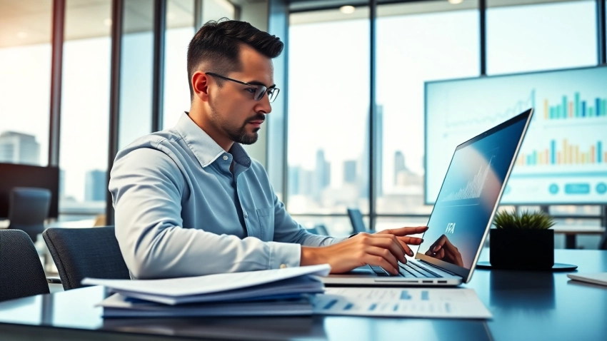 Corporate FP&A Consultant analyzing financial strategies in a bright office setting.