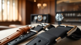 Showcase of various stylish watch straps featuring leather and nylon materials, highlighting quality craftsmanship.