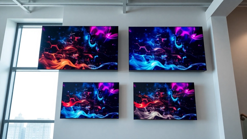 Engaging digital signage display in a modern office setting showcasing vivid multimedia content.