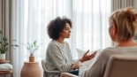 Engaging attachment theory specialist in a calming therapy room, promoting emotional healing.