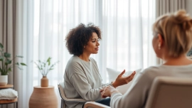 Engaging attachment theory specialist in a calming therapy room, promoting emotional healing.