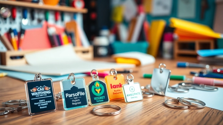 Showcase of customized keychains featuring unique designs and logos displayed on a vibrant workspace.
