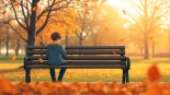 Person reflecting on a relationship breakup in a tranquil park setting, surrounded by autumn leaves.