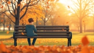 Person reflecting on a relationship breakup in a tranquil park setting, surrounded by autumn leaves.