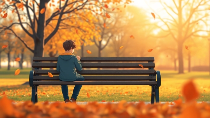 Person reflecting on a relationship breakup in a tranquil park setting, surrounded by autumn leaves.