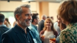 Engaging moment demonstrating how to reconnect with old contacts at a professional networking event.