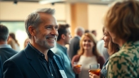 Engaging moment demonstrating how to reconnect with old contacts at a professional networking event.