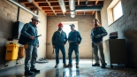 Assessing basement for waterproofing contractors near me geneva with a professional team inspecting damp areas.