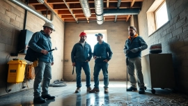 Assessing basement for waterproofing contractors near me geneva with a professional team inspecting damp areas.
