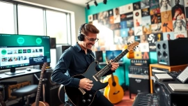 Musician engaged in spotify promotion activities with studio gear and playlists visible.
