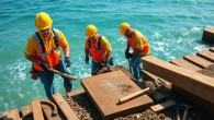 Skilled team performing bulkhead repair galveston with wooden materials along the shoreline.