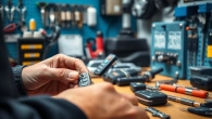 Skilled locksmith examining intricate Replacement Car Keys in a well-lit workshop.