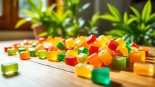 Colorful legal thc gummies displayed enticingly on a wooden table in a bright, natural setting.