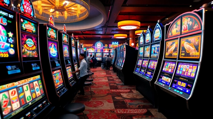 Rasakan sensasi bermain game slot di kasino dengan mesin slot berwarna-warni yang bercahaya.