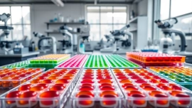 Showcasing Softgel Trays filled with vibrant softgels in a modern lab.