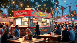 Food truck serving delicious meals at a lively outdoor festival event.