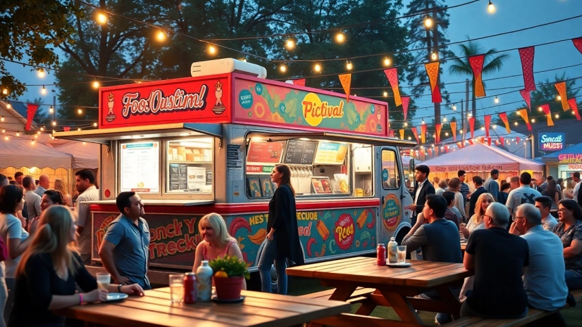 Food truck serving delicious meals at a lively outdoor festival event.